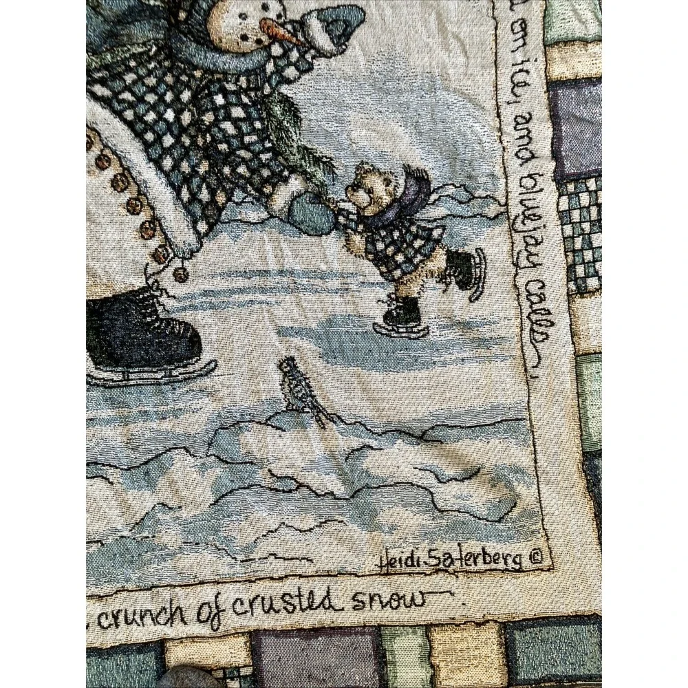 Heidi Saterberg USA Snowman & Bear Skating Woven Tapestry Throw Blanket 48